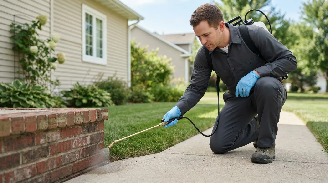Pest control technician treating a home near Bedford, NH